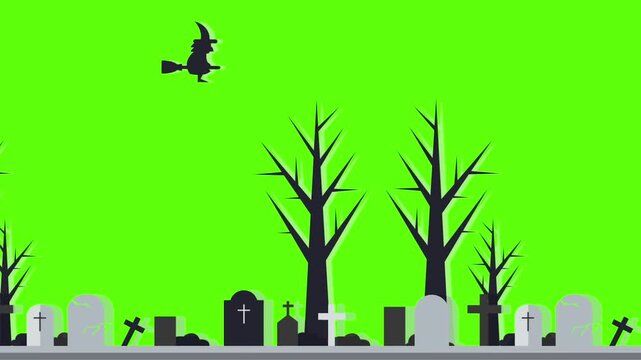 Animated witch flying on broomstick over cemetery graveyard landscape with dead trees on green screen chroma key