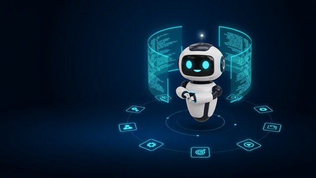 Friendly robot assistant with glowing data screens in a futuristic digital environment for technology concepts