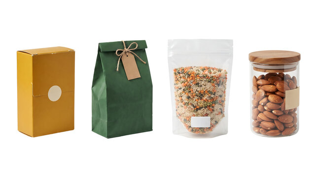 Collection of various food packaging types including boxes and jars white background with pantry staples glass jar white background