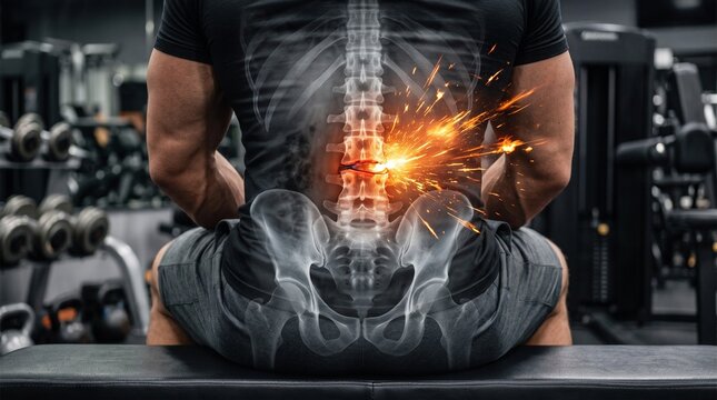 Bodybuilder suffering from acute lower back pain during intense weightlifting gym workout