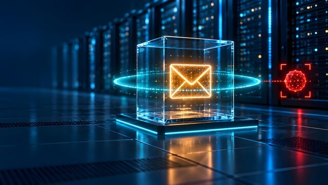 Glowing digital email envelope isolated inside glass quarantine cube in dark server room illustrating network threat detection