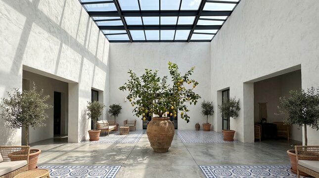 Elegant modern indoor courtyard with glass skylight and potted olive trees in luxury villa architecture.