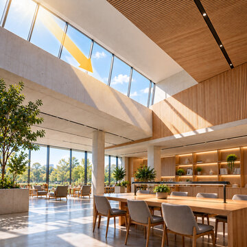 Modern Interior with Clerestory Windows and Natural Daylighting Design.Photorealistic modern interior featuring clerestory windows that bring natural daylight deep into an open learning and workspace.
