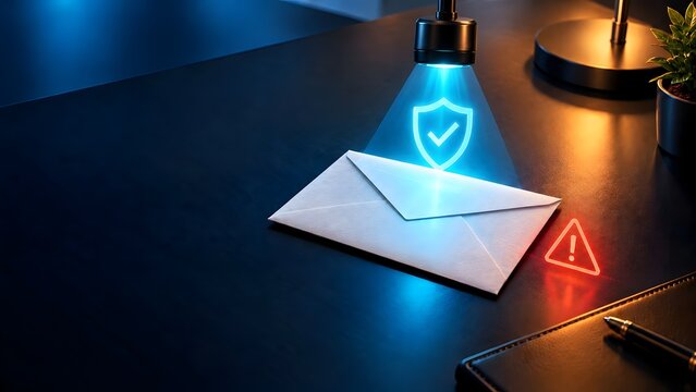 Blue holographic security shield scanning white physical envelope next to red warning alert illustrating advanced document verification