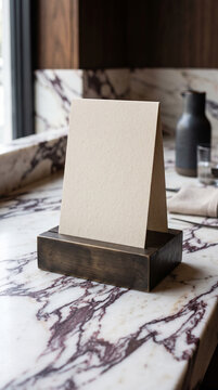 Luxury Table Tent Menu Mockup in Antique Brass Base on Calacatta Viola Marble Counter