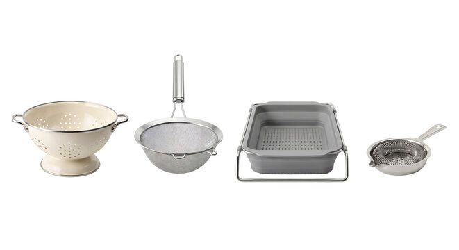 Set of various metal and plastic kitchen colanders and strainers on white background with kitchen colander, metal strainer white background