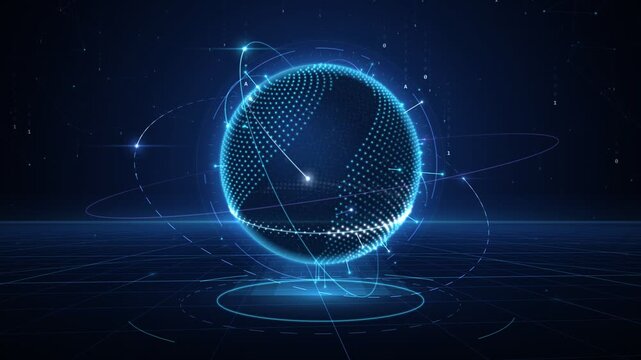 Futuristic Digital Globe Rotating with Data Streams and Communication Networks in 4K