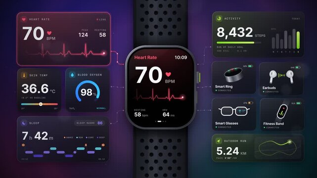 Wearable technology health and fitness tracking dashboard with smartwatch and IoT devices