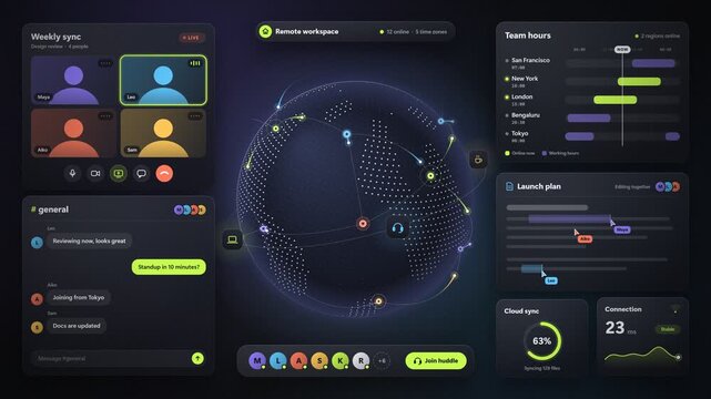 Remote Workspace Collaboration Dashboard With Video Conference And Global Map