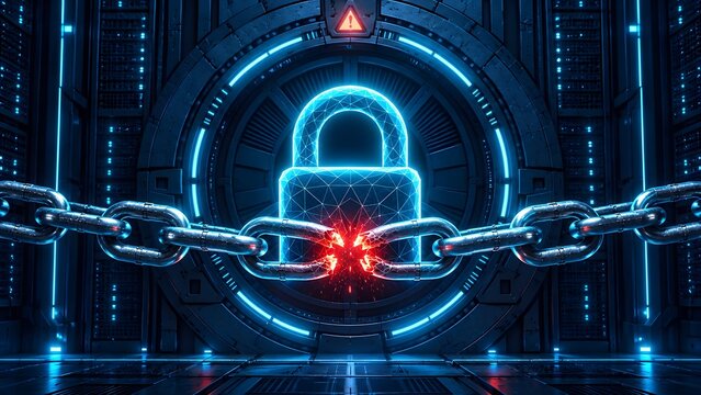 Broken metal chain snapping in front of digital vault door with glowing blue padlock representing security breach