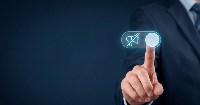 Businessman touching virtual toggle switch to mute marketing notifications or advertising messages