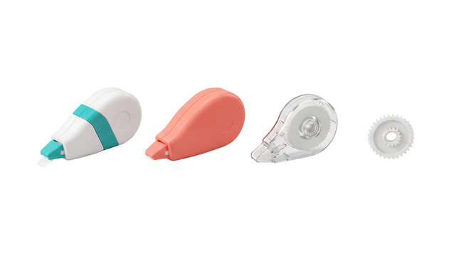 Set of colorful correction tape dispensers for office stationery white background with stationery supplies, tape dispenser white background