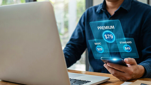 Man selecting premium plan with pricing options displayed on phone screen during remote work setup