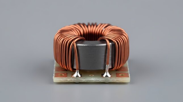 Copper wire toroidal inductor coil mounted on circuit board
