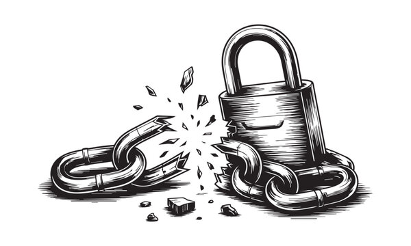 Hand drawn vector illustration featuring broken chain linked to locked padlock representing security breach freedom escape concept or protection failure design.