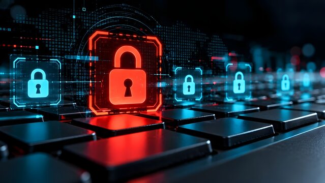 3D binary code lock on a digital screen illustrating internet data security, network information, and computer communication technology