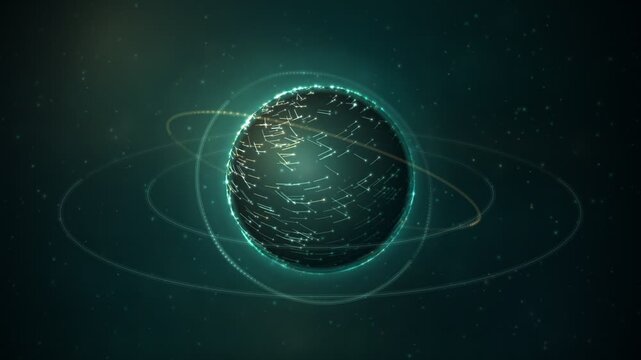 Futuristic Digital Globe With Data Streams And Orbiting Energy Rings