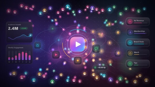 Creator Economy Platform Interface with Video Play Button and Audience Growth Analytics