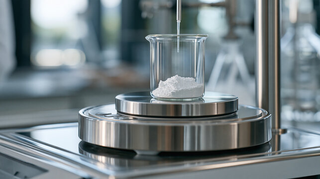 Overhead view of analytical balance measuring microgram quantity of active pharmaceutical ingredient in containment booth, drug formulation laboratory, excipient blending, small