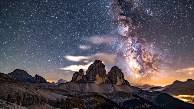 Milky Way galaxy over Tre Cime di Lavaredo mountains in Dolomites at night