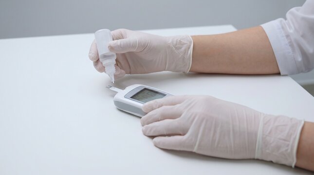 Healthcare professional in white gloves performing a blood glucose test with a digital glucometer for diabetes management
