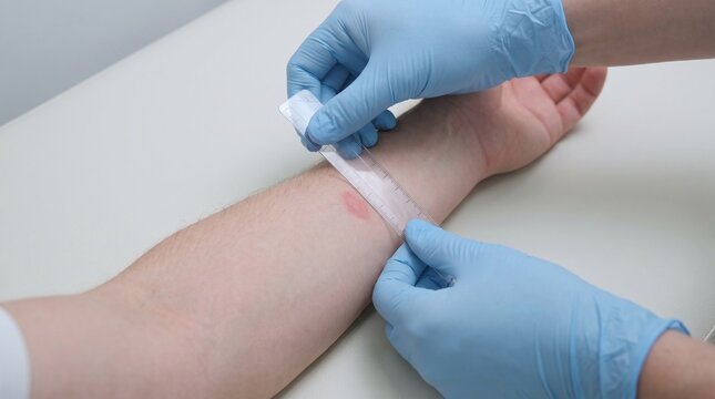 Healthcare Professional Applying a Sterile Bandage to a Red Skin Irritation on a Patient's Forearm in a Clinic