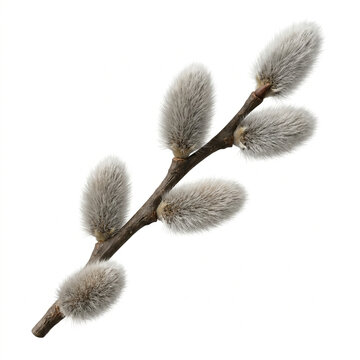 Willow Catkin, Salix Botanical Specimen, Natural Detail, Isolated on White, White Background, Studio Shot, Clipping Path, Clean Cutout, Natural Object