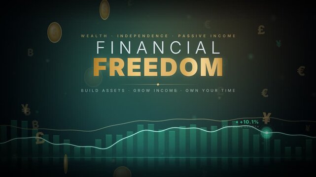Financial freedom and wealth building corporate background with stock market charts and currency symbols