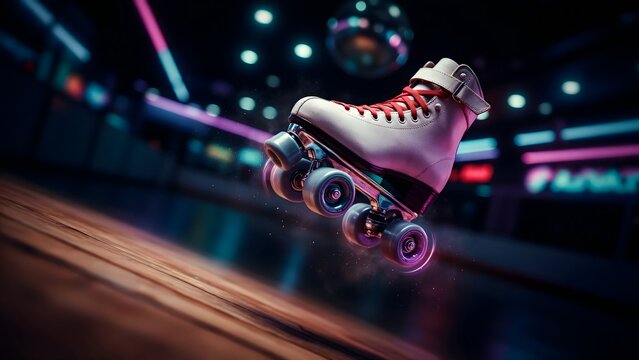 White inline skate with red laces performing jump on indoor roller rink floor