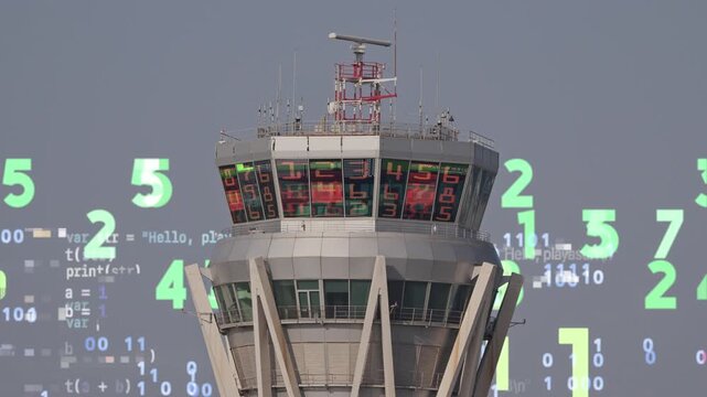 air traffic control tower at an airport with code and data mapped 