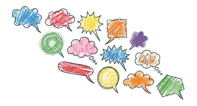 Childrens Crayon Scratch Speech Bubble Collection with Naive Scribble Vector Shapes