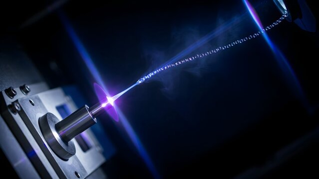 High-speed laser beam cutting metal with bright sparks and blue light effects