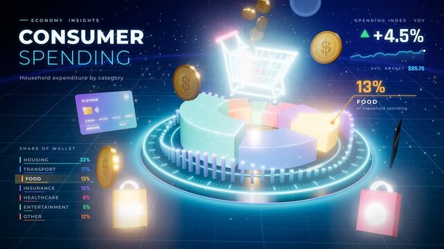 Consumer Spending and Household Expenditure Infographic Pie Chart 3D Animation