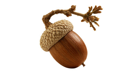 Single brown acorn with textured cap and small twig with buds © Freja
