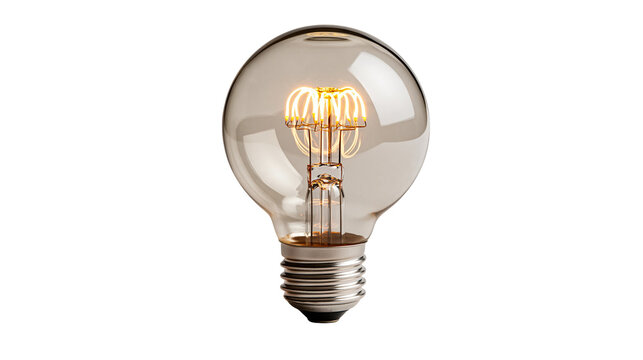 Vintage round glass light bulb with glowing spiral filament and metal screw base