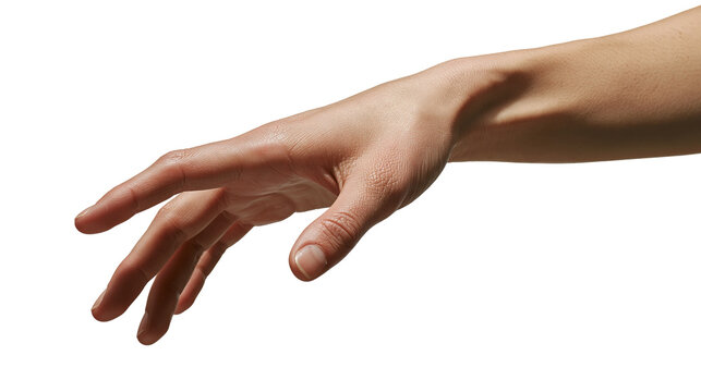 Human hand reaching forward with extended fingers and visible wrist veins