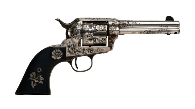 Engraved silver revolver with floral patterns and black handle grip
