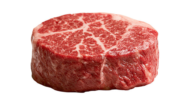 Raw marbled beef steak cut with visible fat marbling and red muscle fibers