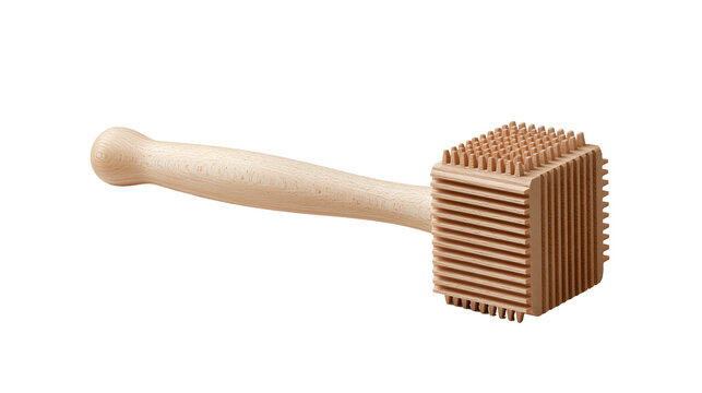 Wooden meat tenderizer mallet with textured square head for culinary preparation