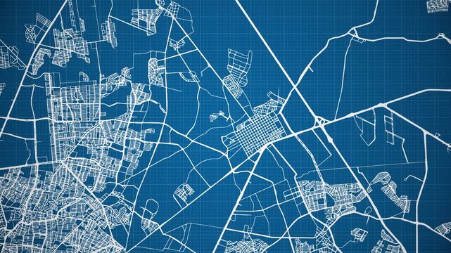 Ink reveal animation of Ciudad Apodaca city, Nuevo Le&oacute;n, Mexico (M&eacute;xico) grid map. Aerial top view. Blueprint style. White lines with blue background. 4K Seamless loop.
