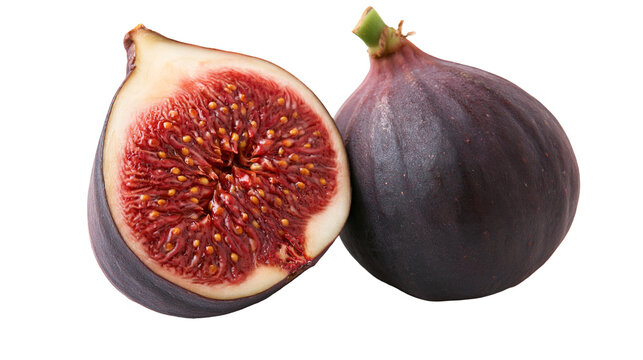 Fresh ripe purple fig fruit cut in half showing red pulp and yellow seeds