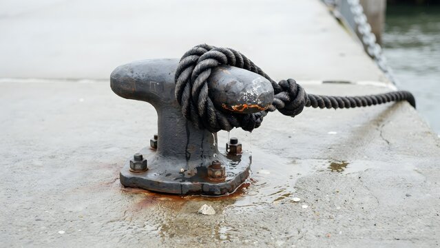Close-up of black mooring bollard with coiled rope securing a boat dock