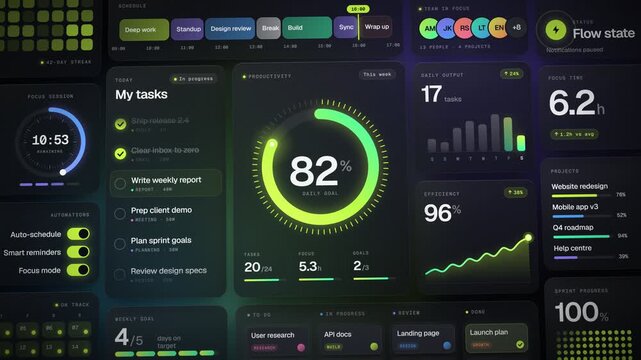 Futuristic productivity dashboard interface showing daily tasks and goal tracking animation loop