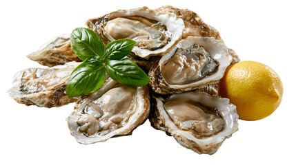Fresh raw oysters on the half shell with green basil leaves and a whole lemon © Fraser