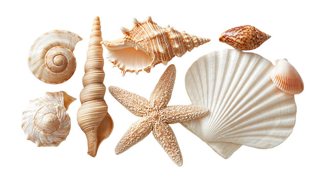 Collection of various sea shells and a starfish on a white surface