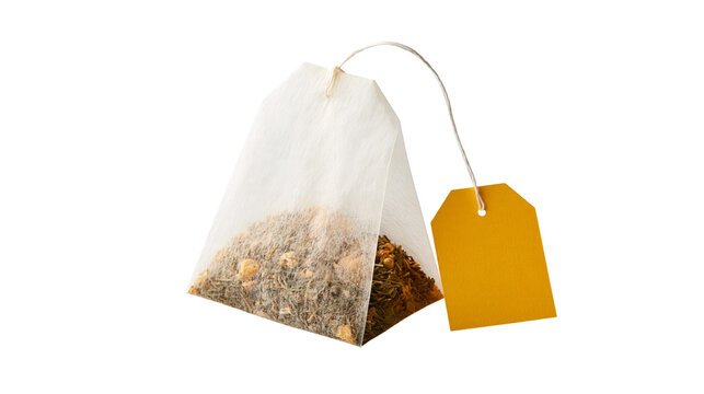 Pyramid tea bag with dried herbal leaves and a blank yellow paper tag
