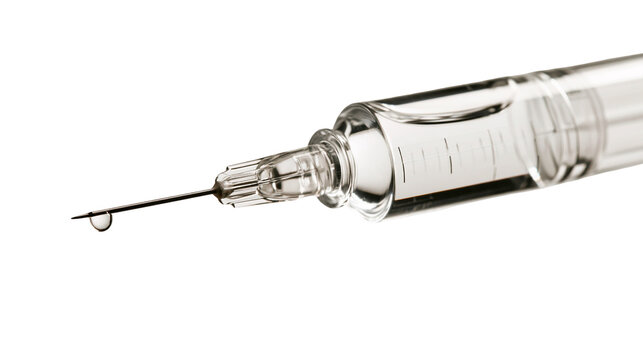 Clear plastic medical syringe with a sharp metal needle and a liquid drop