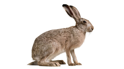 Brown European hare sitting in profile with long ears and textured fur © Fraser
