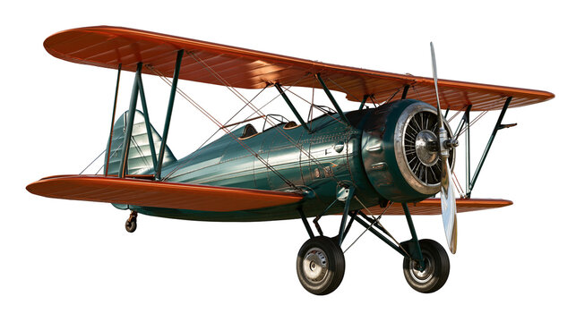 Vintage green and orange biplane with radial engine and metal propeller