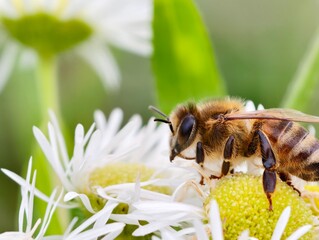 A bee gathers nectar from a white daisy, surrounded by green foliage. © P.W-PHOTO-FILMS